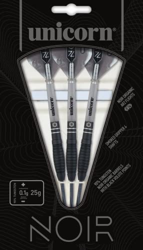 Unicorn Steel Tip Darts Set - Noir - 90% Tungsten Barrels with Black Titanium Coating & Black Volute Points - 21 g, 22 g, 23 g, 24 g, 25 g or 26 g