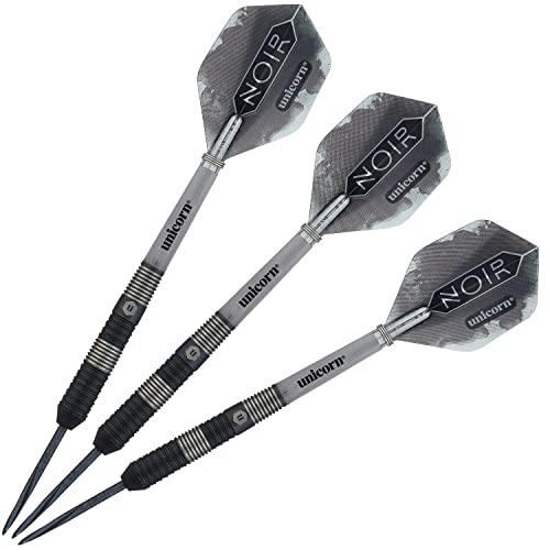 Unicorn Steel Tip Darts Set - Noir - 90% Tungsten Barrels with Black Titanium Coating & Black Volute Points - 21 g, 22 g, 23 g, 24 g, 25 g or 26 g
