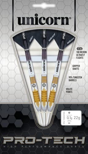 Unicorn Steel Tip Darts Set | Pro-Tech Style 1 | 90% Natural Tungsten Barrels with Golden Accents & Volute Points | 24 g