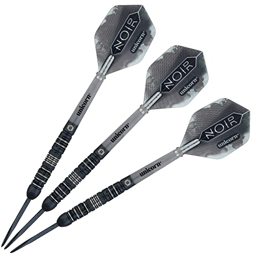 Unicorn Steel Tip Darts Set - Noir - 90% Tungsten Barrels with Black Titanium Coating & Black Volute Points - 21 g, 22 g, 23 g, 24 g, 25 g or 26 g