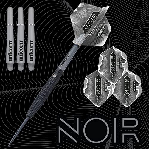 Unicorn Steel Tip Darts Set - Noir - 90% Tungsten Barrels with Black Titanium Coating & Black Volute Points - 21 g, 22 g, 23 g, 24 g, 25 g or 26 g
