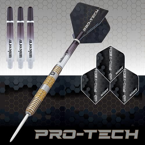 Unicorn Steel Tip Darts Set | Pro-Tech Style 1 | 90% Natural Tungsten Barrels with Golden Accents & Volute Points | 24 g