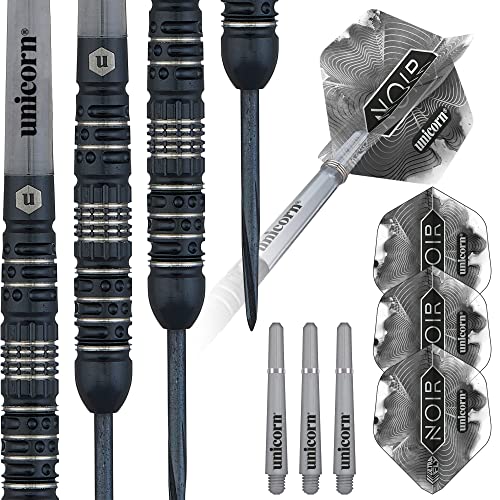 Unicorn Steel Tip Darts Set - Noir - 90% Tungsten Barrels with Black Titanium Coating & Black Volute Points - 21 g, 22 g, 23 g, 24 g, 25 g or 26 g
