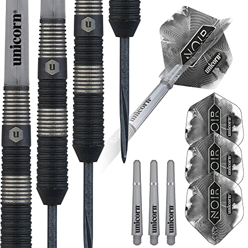 Unicorn Steel Tip Darts Set - Noir - 90% Tungsten Barrels with Black Titanium Coating & Black Volute Points - 21 g, 22 g, 23 g, 24 g, 25 g or 26 g
