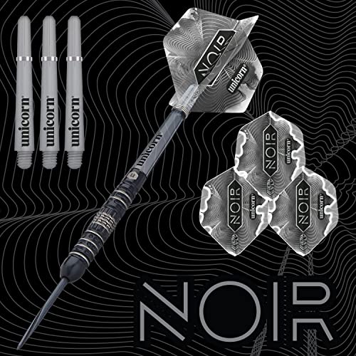 Unicorn Steel Tip Darts Set - Noir - 90% Tungsten Barrels with Black Titanium Coating & Black Volute Points - 21 g, 22 g, 23 g, 24 g, 25 g or 26 g