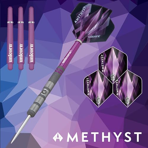 Unicorn Darts Set | Amethyst 90% Natural Tungsten Gripper Finish Barrels with Purple Accents & Laser Etched U Logo Hallmark | Steel Tip | 19 g, 20 g, 21 g, 22 g, 23g or 24 g