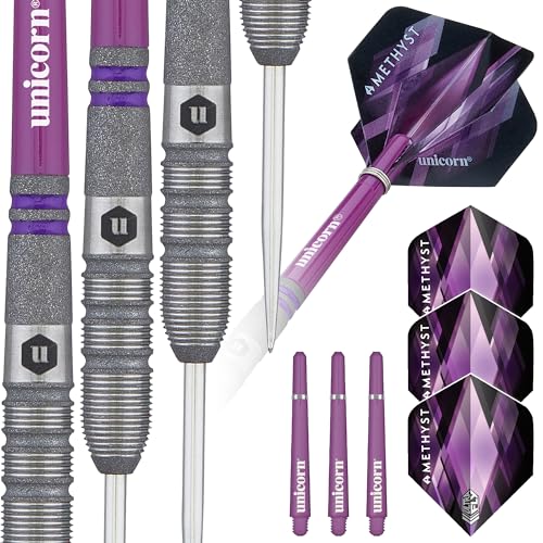 Unicorn Darts Set | Amethyst 90% Natural Tungsten Gripper Finish Barrels with Purple Accents & Laser Etched U Logo Hallmark | Steel Tip | 19 g, 20 g, 21 g, 22 g, 23g or 24 g