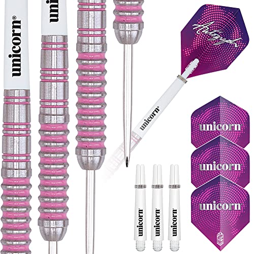 Unicorn Steel Tip Darts Set | Autograph Series Styles 1, 2 & 3 | 80% Natural Tungsten Barrels with Pink Accents | 19 g, 21 g, 22 g, 23 g, 24 g, 25 g, 26 g, 28 g or 30 g