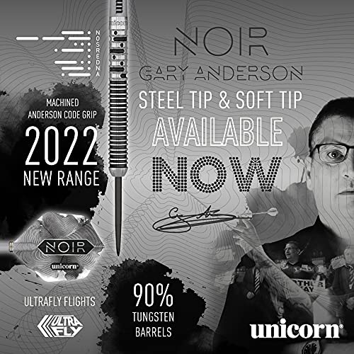 Unicorn Steel Tip Darts Set | Gary 'The Flying Scotsman' Anderson Noir Phase 3, 5 & 6 | 90% Tungsten Barrels with Black Titanium Coating | Presentation Packaging | 21g, 22g, 23g, 24g, 25g or 27g