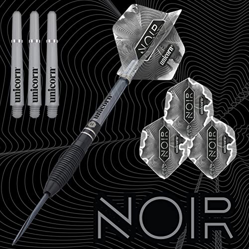 Unicorn Steel Tip Darts Set - Noir - 90% Tungsten Barrels with Black Titanium Coating & Black Volute Points - 21 g, 22 g, 23 g, 24 g, 25 g or 26 g