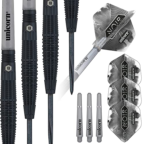 Unicorn Steel Tip Darts Set - Noir - 90% Tungsten Barrels with Black Titanium Coating & Black Volute Points - 21 g, 22 g, 23 g, 24 g, 25 g or 26 g