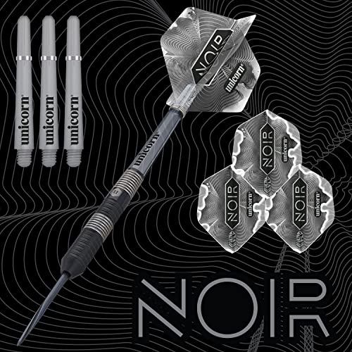 Unicorn Steel Tip Darts Set - Noir - 90% Tungsten Barrels with Black Titanium Coating & Black Volute Points - 21 g, 22 g, 23 g, 24 g, 25 g or 26 g