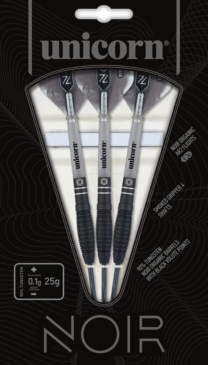 Unicorn Steel Tip Darts Set - Noir - 90% Tungsten Barrels with Black Titanium Coating & Black Volute Points - 21 g, 22 g, 23 g, 24 g, 25 g or 26 g