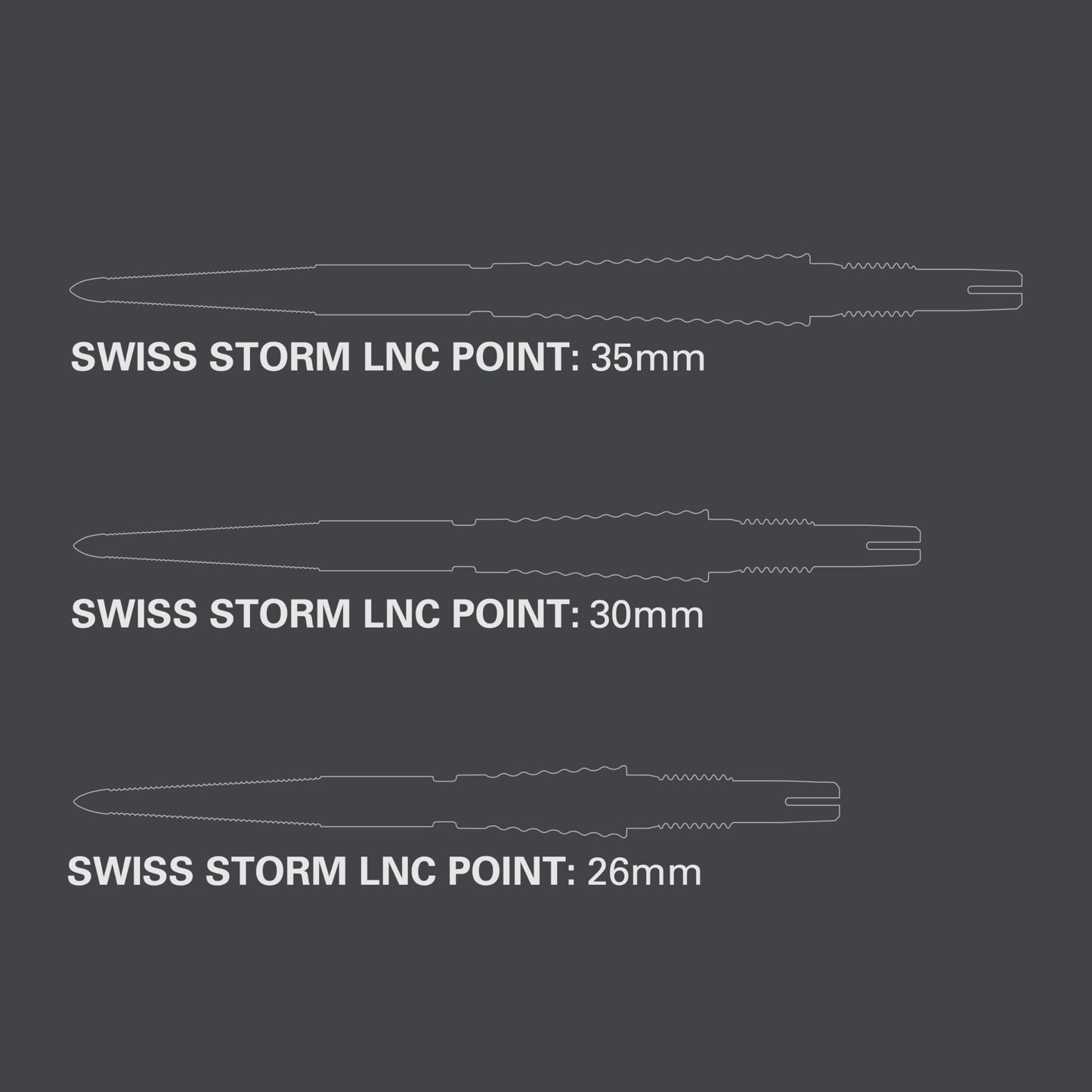 TARGET Darts Swiss Point Storm Dart Points, LNC (3 Pack Set of Tips) 26MM/30MM/35MM – Gold/Silver/Black | Change Dart Points, Swiss Storm Points, Professional Darts Accessories