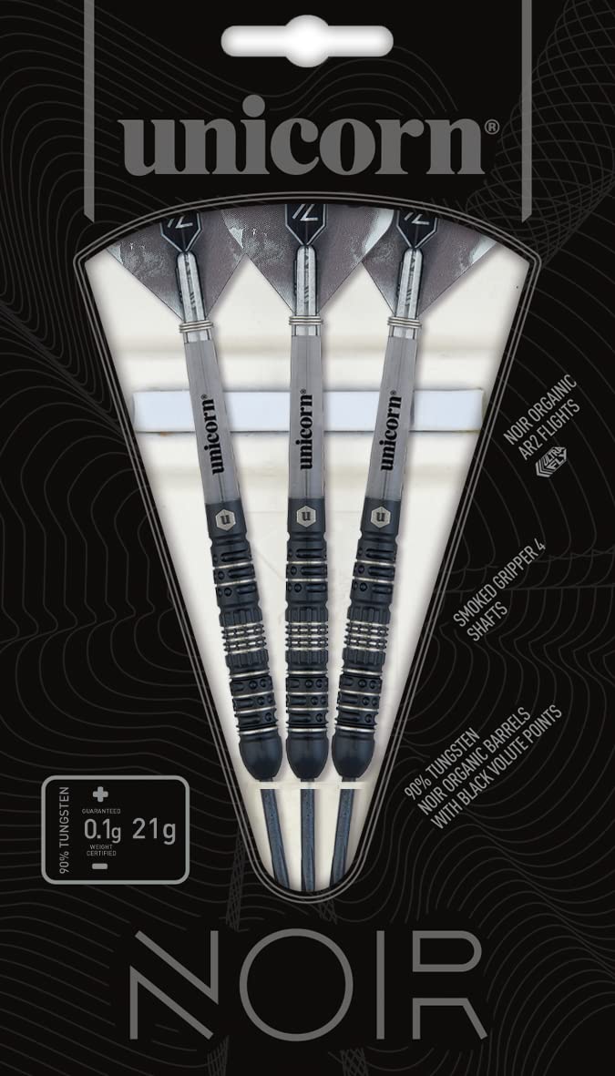 Unicorn Steel Tip Darts Set - Noir - 90% Tungsten Barrels with Black Titanium Coating & Black Volute Points - 21 g, 22 g, 23 g, 24 g, 25 g or 26 g