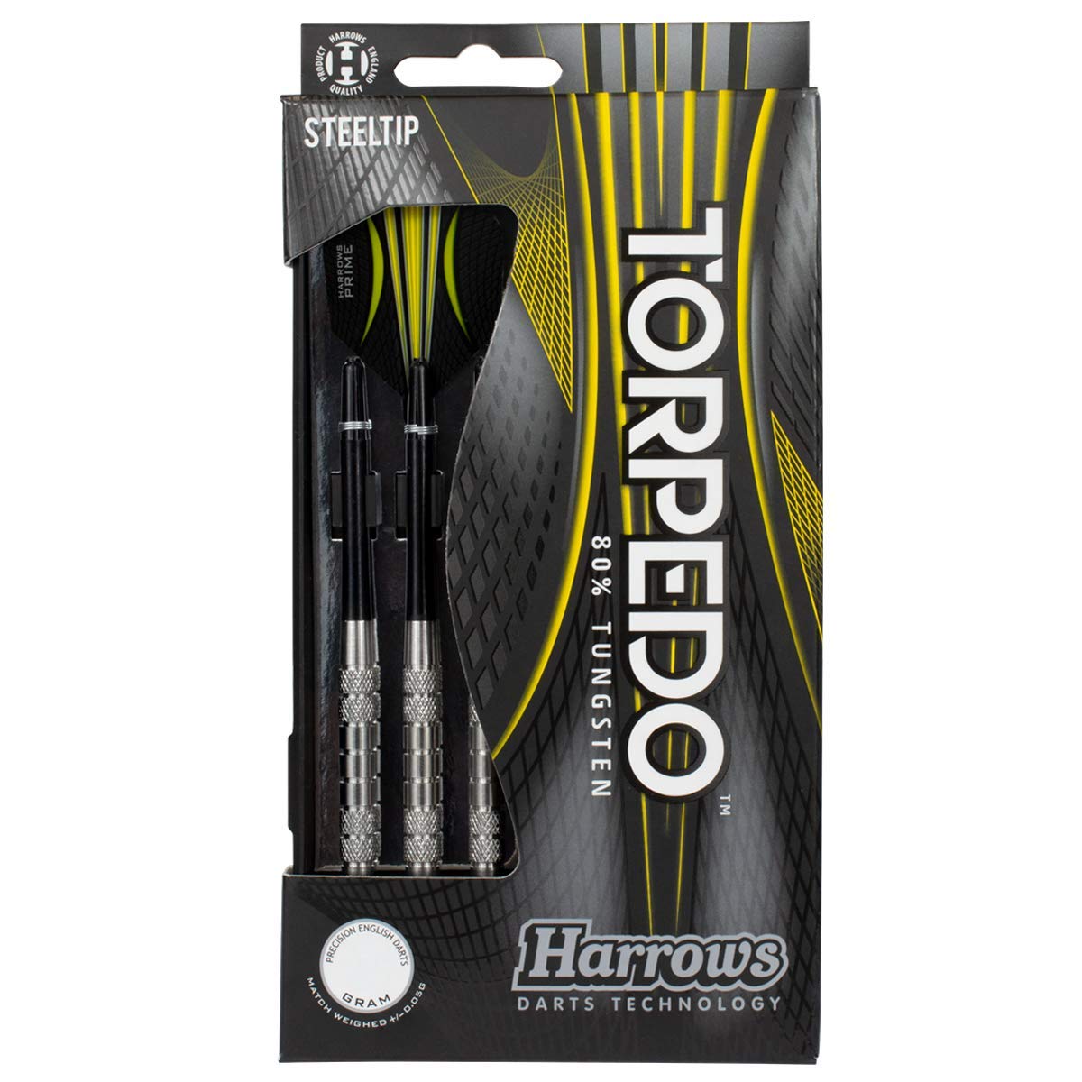 Harrows Torpedo 80% Tungsten Steel Tip Dart Set 22g, 23g, 24g & 25g - Includes Nylon Shafts, Marathon Flights & Travel Case