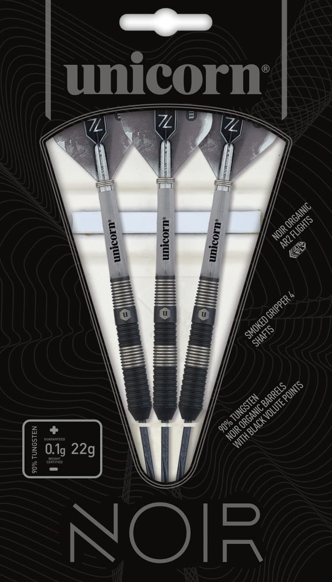 Unicorn Steel Tip Darts Set - Noir - 90% Tungsten Barrels with Black Titanium Coating & Black Volute Points - 21 g, 22 g, 23 g, 24 g, 25 g or 26 g