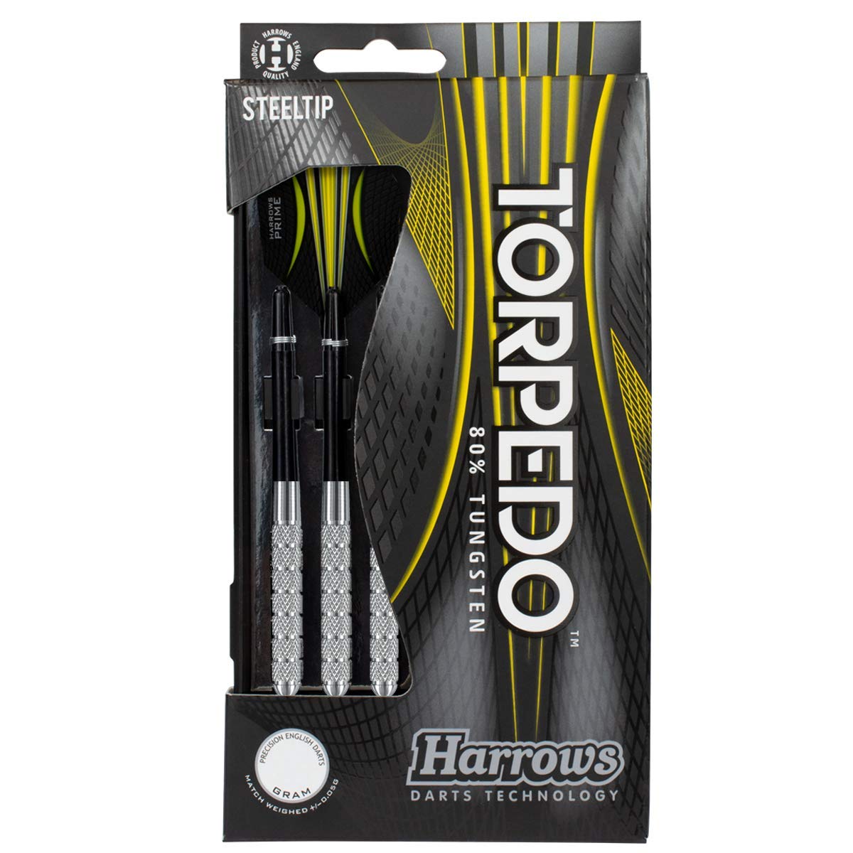 Harrows Torpedo 80% Tungsten Steel Tip Dart Set 22g, 23g, 24g & 25g - Includes Nylon Shafts, Marathon Flights & Travel Case