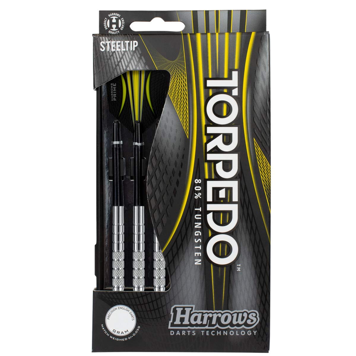 Harrows Torpedo 80% Tungsten Steel Tip Dart Set 22g, 23g, 24g & 25g - Includes Nylon Shafts, Marathon Flights & Travel Case