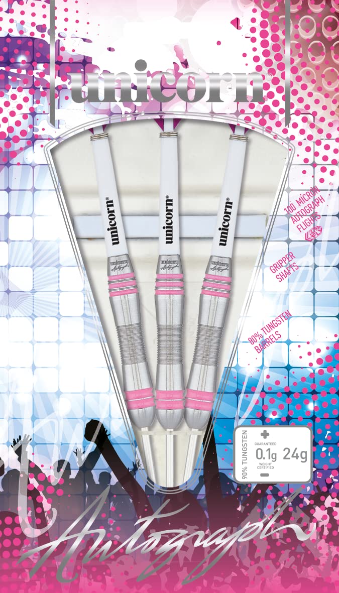 Unicorn Steel Tip Darts Set | Autograph Series Styles 1, 2 & 3 | 80% Natural Tungsten Barrels with Pink Accents | 19 g, 21 g, 22 g, 23 g, 24 g, 25 g, 26 g, 28 g or 30 g
