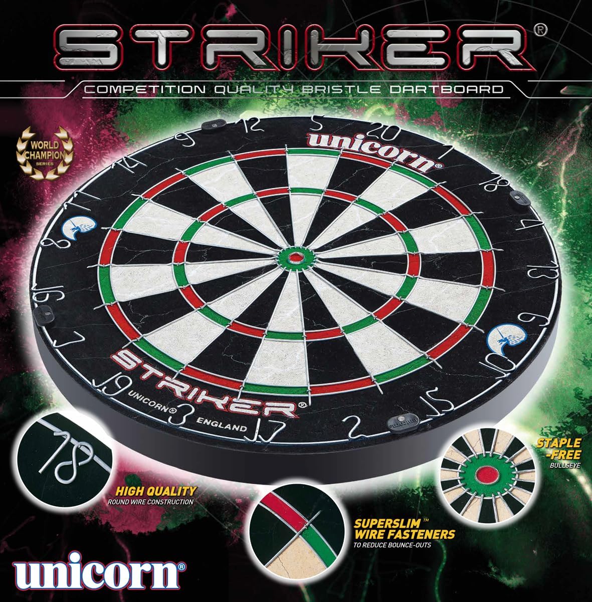 Unicorn Dartboard | Striker | Round Wire Number Ring | Championship Quality Sisal Bristle | Superslim Wire Fasteners, Black/White/Red/Green