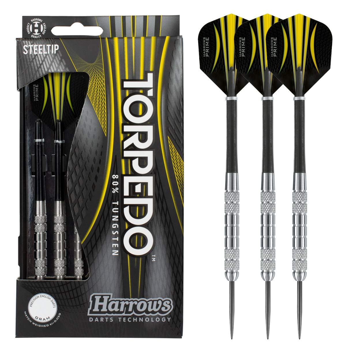 Harrows Torpedo 80% Tungsten Steel Tip Dart Set 22g, 23g, 24g & 25g - Includes Nylon Shafts, Marathon Flights & Travel Case