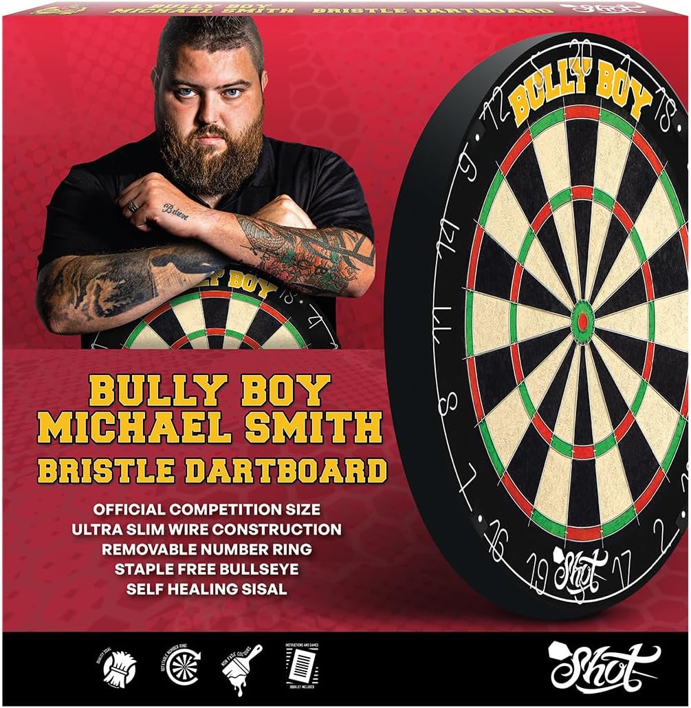 Shot! - Michael Smith Bully Boy Bristle Professional Dartboard | Sisal Construction | Black Finish | Dartboards Category | Ideal for Enthusiasts, Black, Sisal