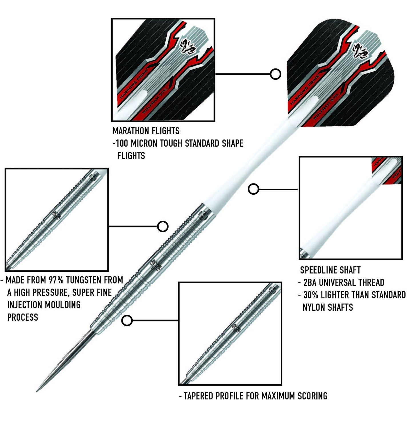 Harrows Wolfram 97% Tungsten Steel Tip Darts Set 21g, 22g, 23g, 24, 25g & 26g - Includes Speedline Shafts, Marathon - Wolfram Flights & Travel Case