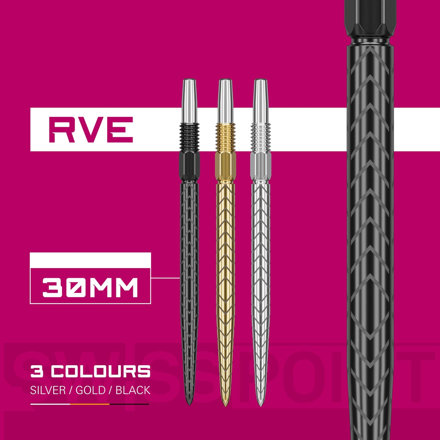 TARGET Darts Swiss Point Dart Points, RVE (3 Pack Set of Tips) 26MM/30MM/35MM/40MM – Gold/Silver/Black | Change Dart Points, Swiss Storm Points, Professional Darts Accessories