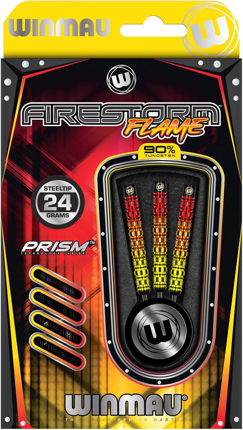 WINMAU Firestorm Flame 24 Gram Professional Tungsten Darts Set with Flights and Stems (Shafts)