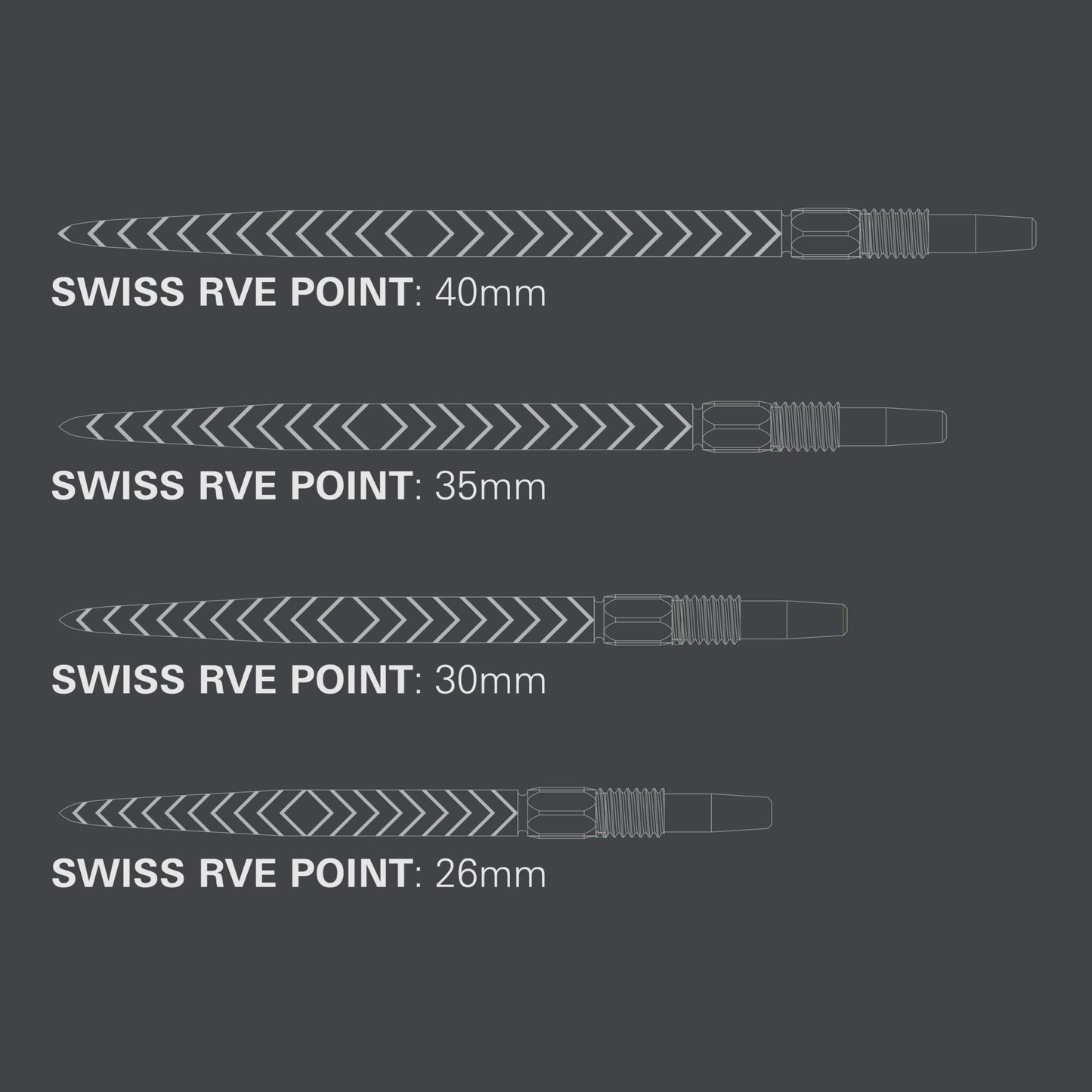 TARGET Darts Swiss Point Dart Points, RVE (3 Pack Set of Tips) 26MM/30MM/35MM/40MM – Gold/Silver/Black | Change Dart Points, Swiss Storm Points, Professional Darts Accessories