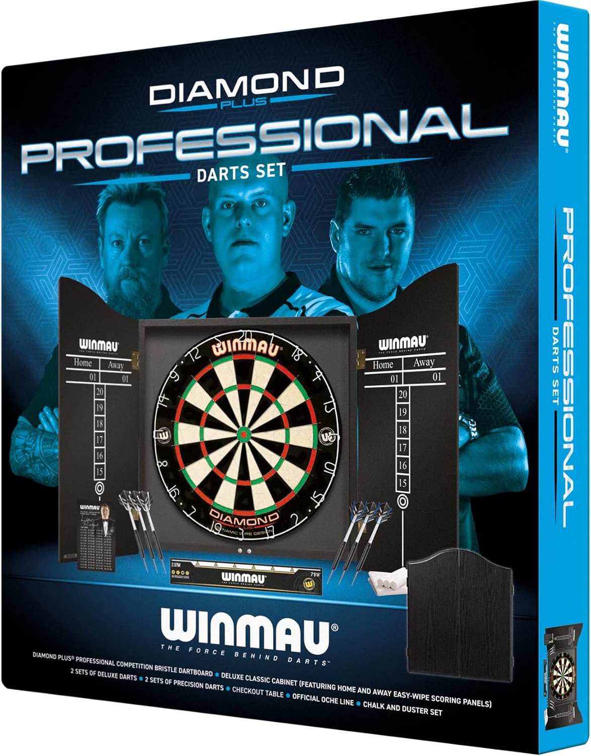 WINMAU Professional Dart Set includes Diamond Plus Bristle Dartboard - Black Cabinet - 2 Sets of Darts - Official Oche Line