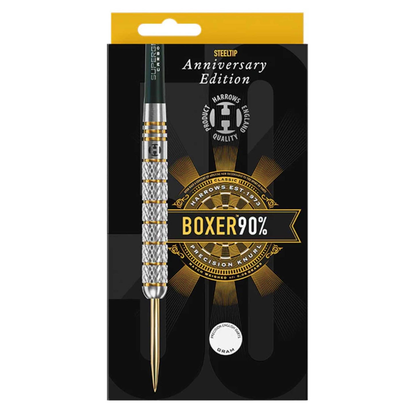Harrows Boxer 90% Tungsten Steel Tip Darts Set. Available in 21g, 23g, & 25g - Includes Midi Supergrip Carbon shafts & New Anniversary 100 Micron Flights