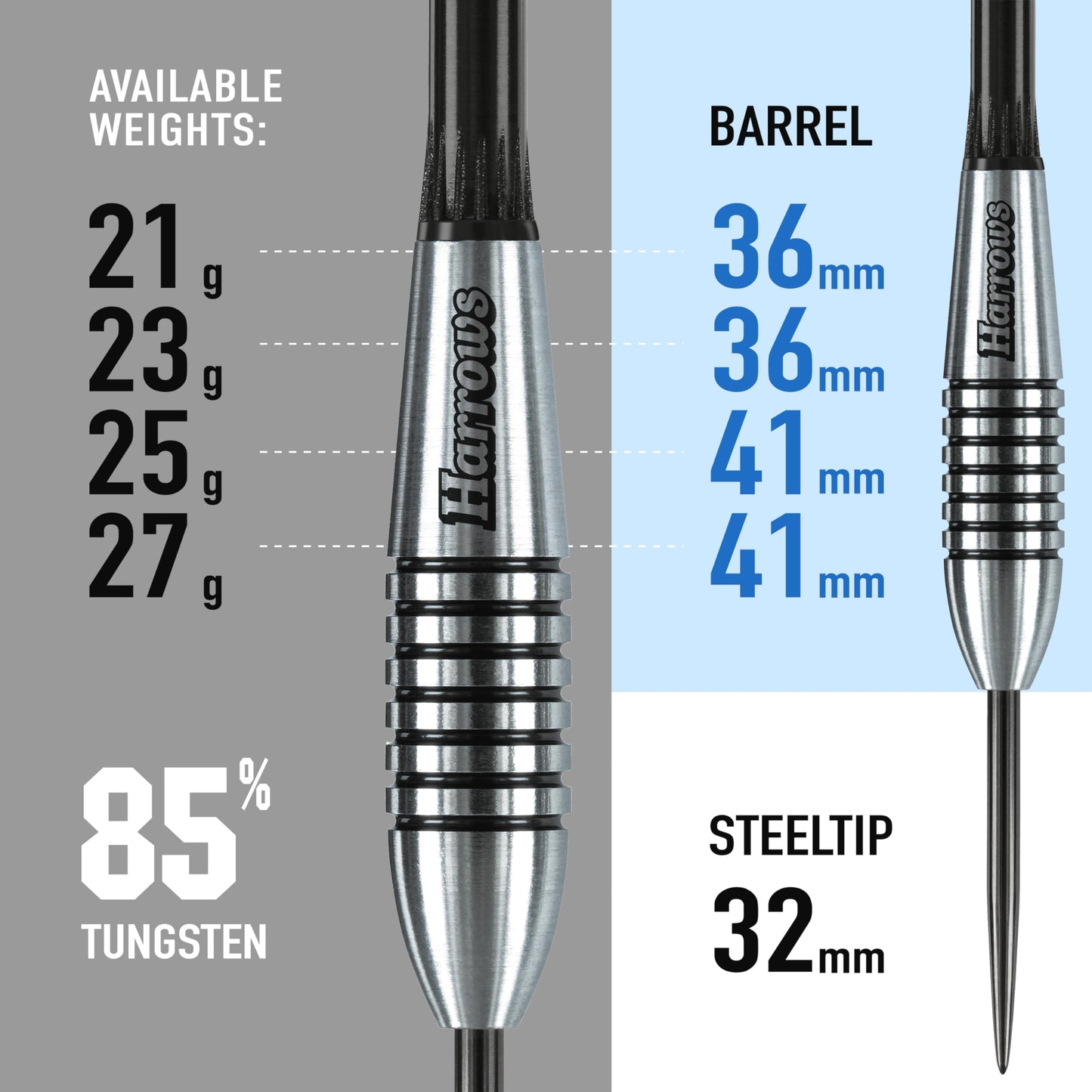 Harrows Bomber 85% Tungsten Steel Tip Darts Set 21g, 23g, 25g & 27g - Includes High Grade Shafts, Aerodynamic Flights & Travel Case