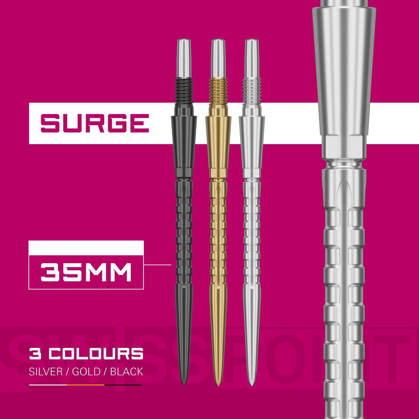 TARGET Darts Swiss Point Storm Dart Points, Surge (3 Pack Set of Tips) 26MM/30MM/35MM – Gold/Silver/Black | Change Dart Points, Swiss Storm Points, Professional Darts Accessories