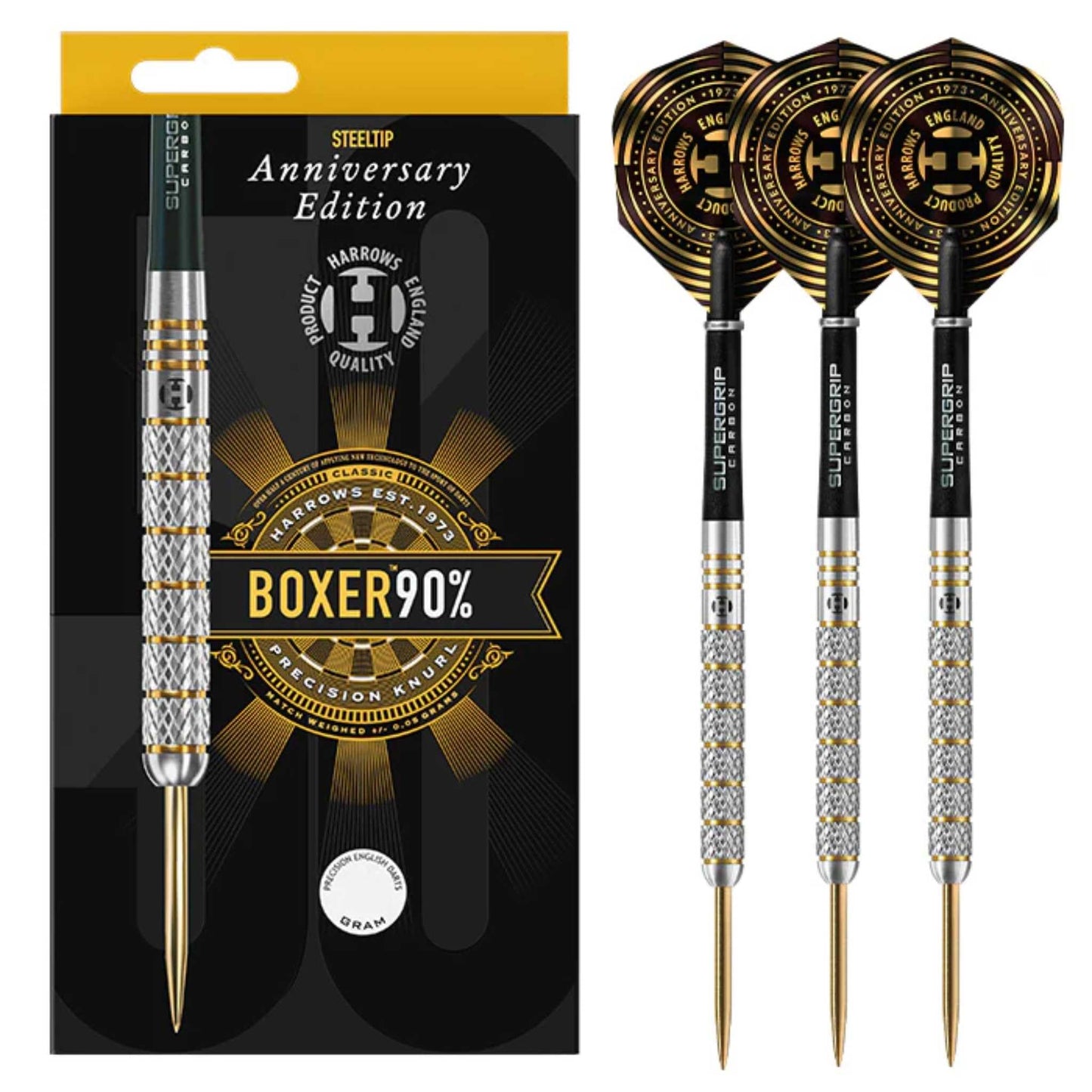 Harrows Boxer 90% Tungsten Steel Tip Darts Set. Available in 21g, 23g, & 25g - Includes Midi Supergrip Carbon shafts & New Anniversary 100 Micron Flights