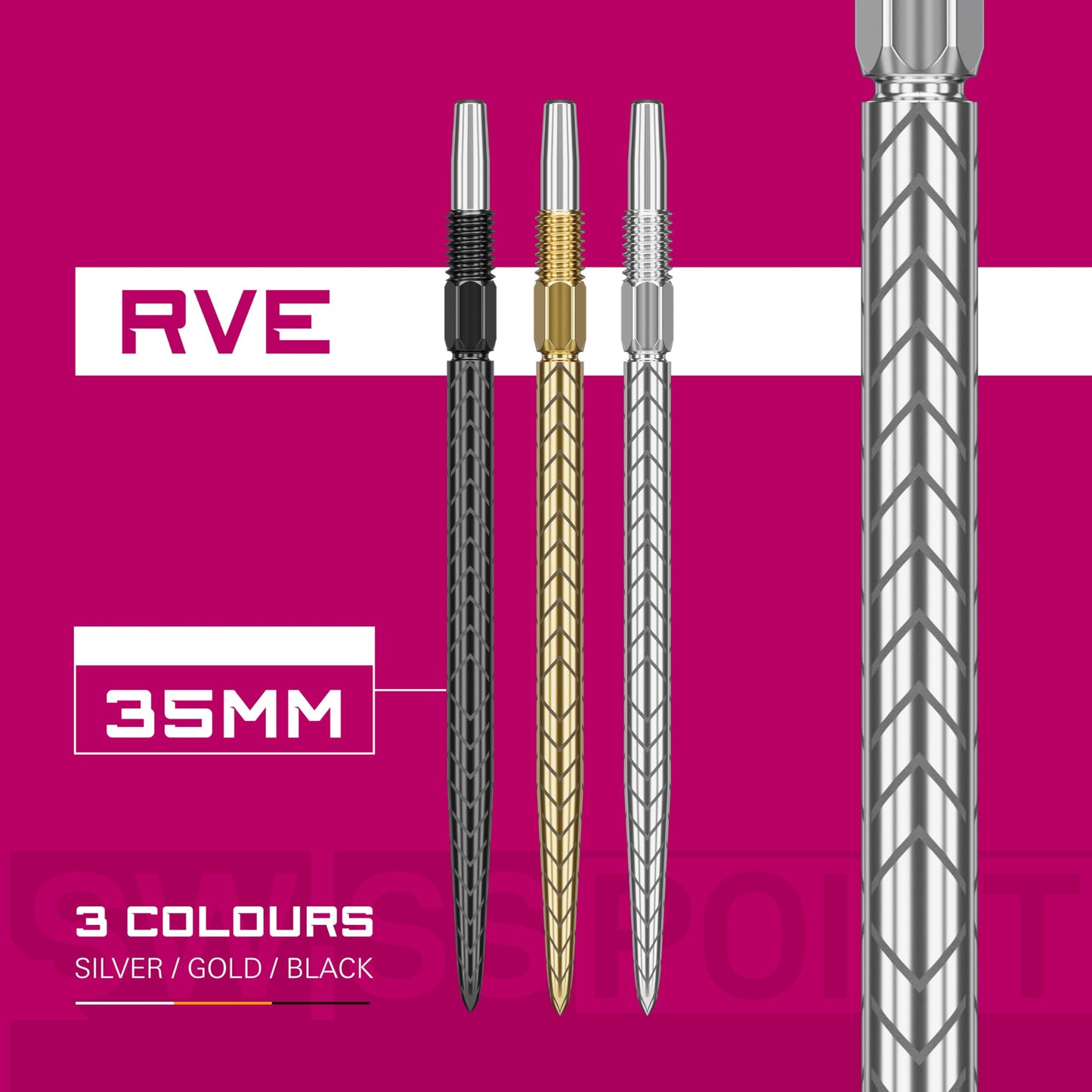 TARGET Darts Swiss Point Dart Points, RVE (3 Pack Set of Tips) 26MM/30MM/35MM/40MM – Gold/Silver/Black | Change Dart Points, Swiss Storm Points, Professional Darts Accessories