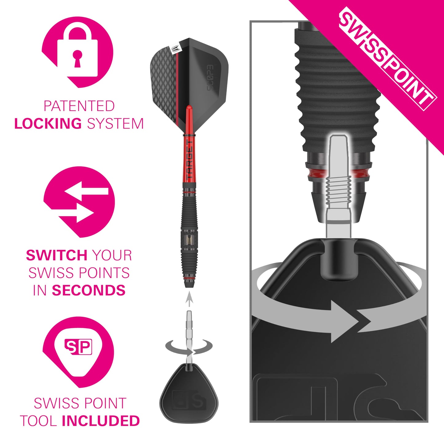 TARGET Darts Scope Steel Tip Swiss Point Darts, 90% Tungsten Dart Set | Steel Tip Dart, Red & Black Darts, Professional Dart Set with Swiss Points & Tool | Barrel 01/02/03/04 –21G/22G/23G/24G/25G