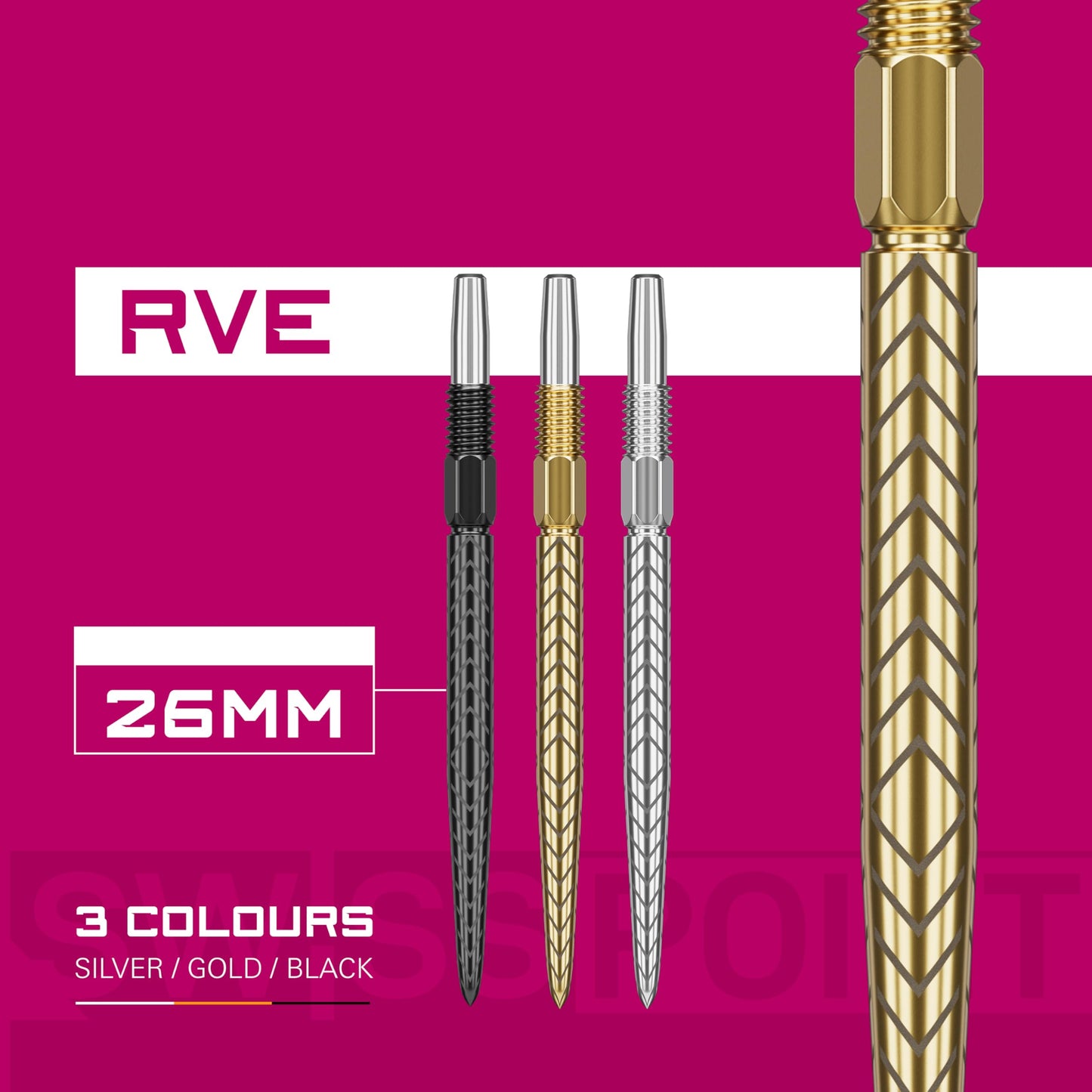 TARGET Darts Swiss Point Dart Points, RVE (3 Pack Set of Tips) 26MM/30MM/35MM/40MM – Gold/Silver/Black | Change Dart Points, Swiss Storm Points, Professional Darts Accessories