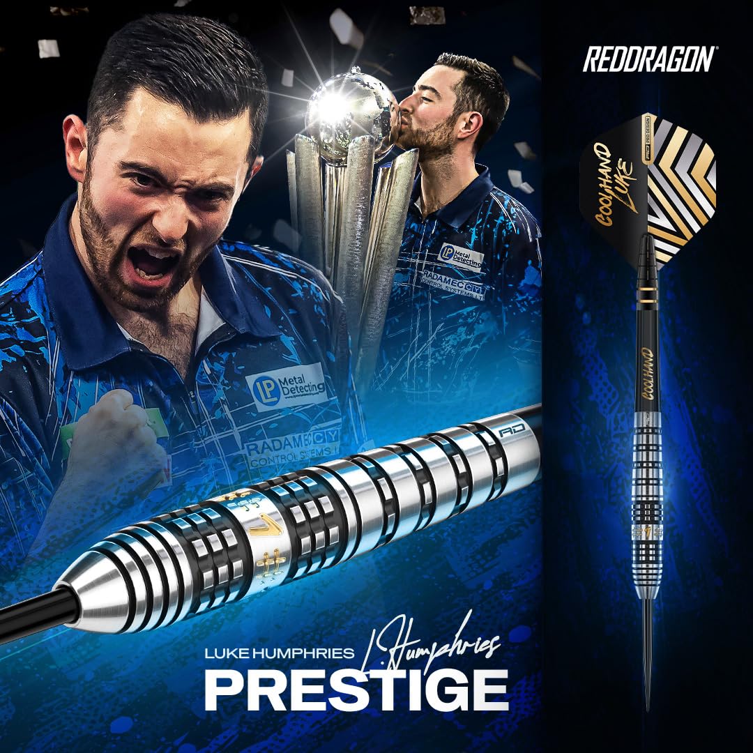 RED DRAGON Darts – Professional Player Luke Humphries Coolhand Prestige Series - 90% Tungsten Darts Set with Dart Flights & Dart Shafts (Stems) - Available in Soft Tip 18g & Steel Tip 22g, 23g & 24g