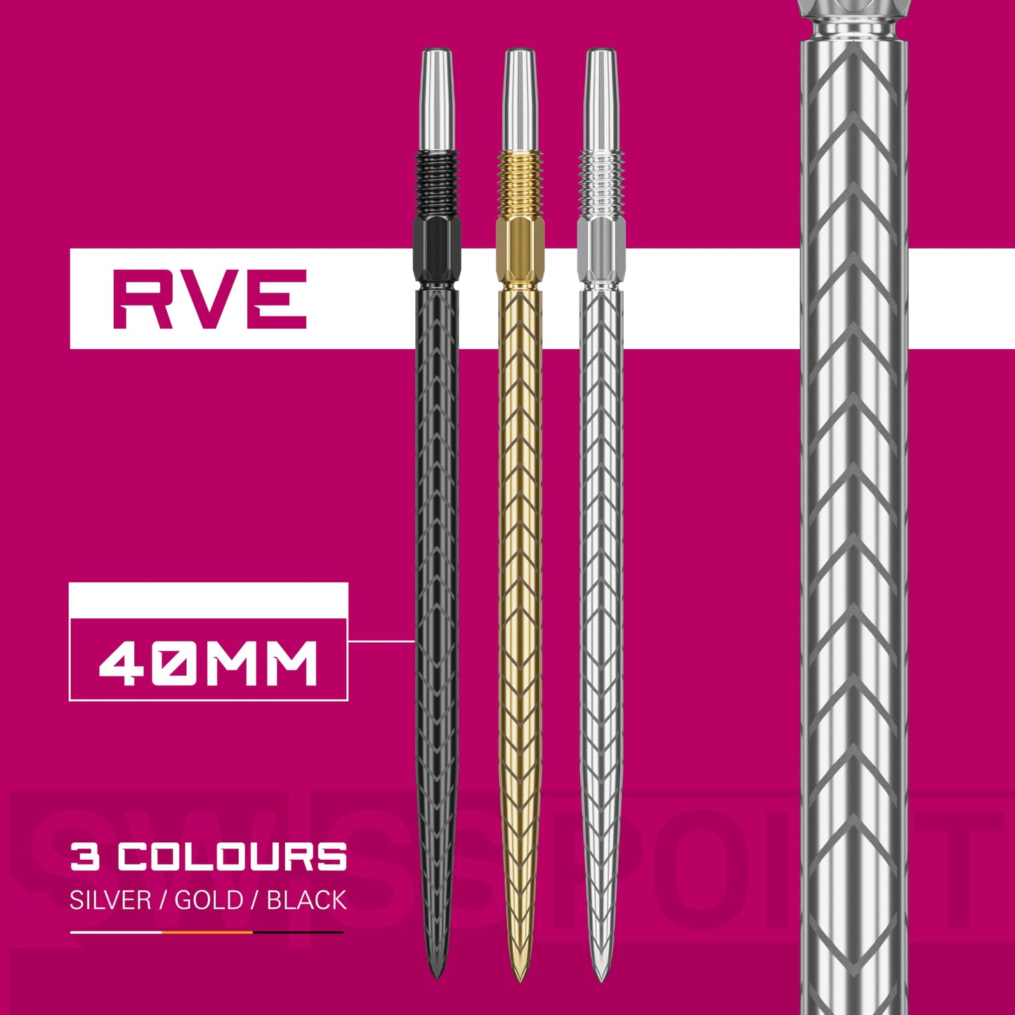 TARGET Darts Swiss Point Dart Points, RVE (3 Pack Set of Tips) 26MM/30MM/35MM/40MM – Gold/Silver/Black | Change Dart Points, Swiss Storm Points, Professional Darts Accessories
