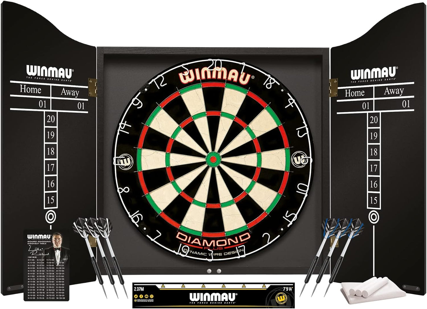 WINMAU Professional Dart Set includes Diamond Plus Bristle Dartboard - Black Cabinet - 2 Sets of Darts - Official Oche Line
