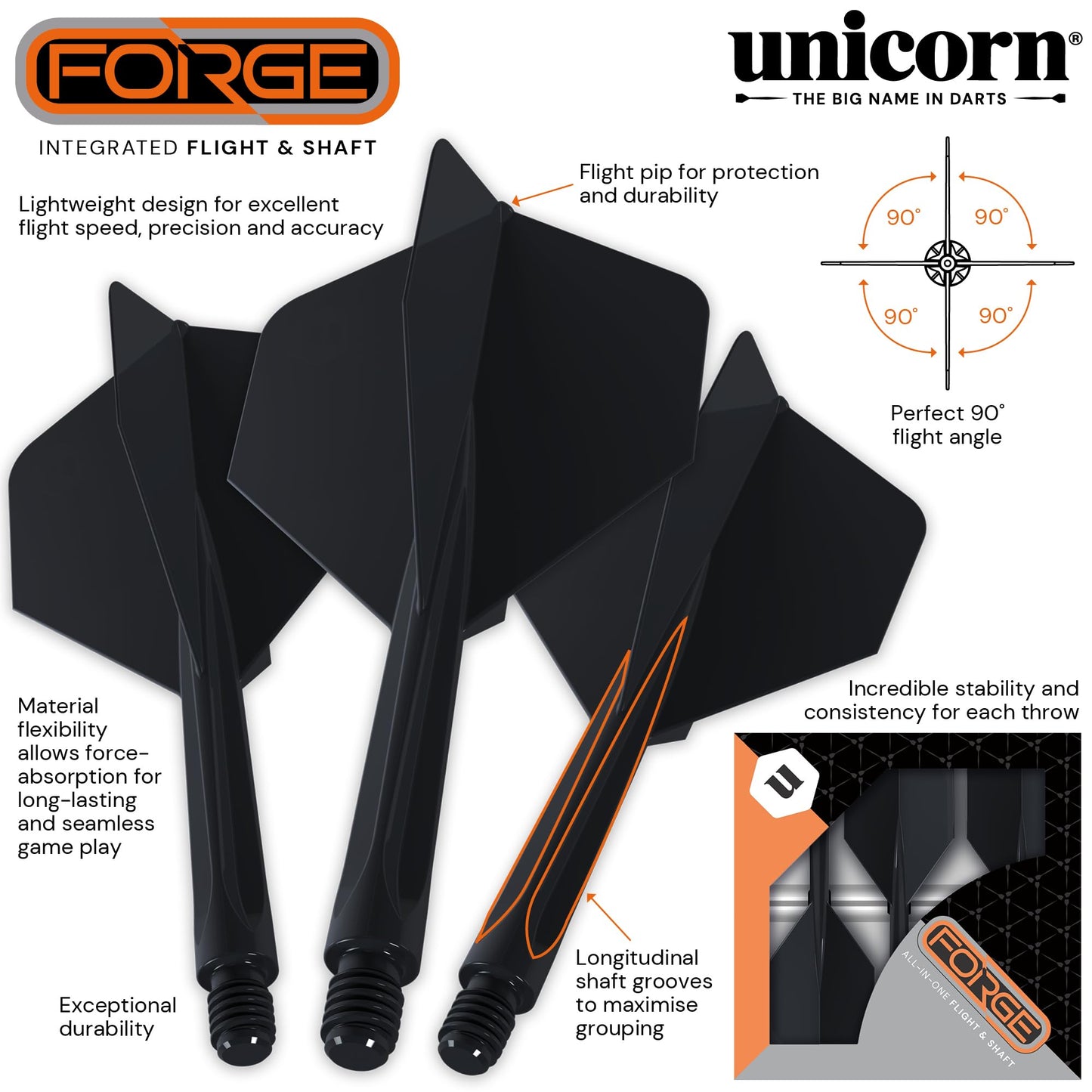 Unicorn Forge Integrated Dart Flights & Shafts | 1 Piece Construction for Perfect 90˚ Angle | Lightweight Tough Polymer | Standard Plus Shape & 2BA Thread | Medium Length Stem 26 mm |