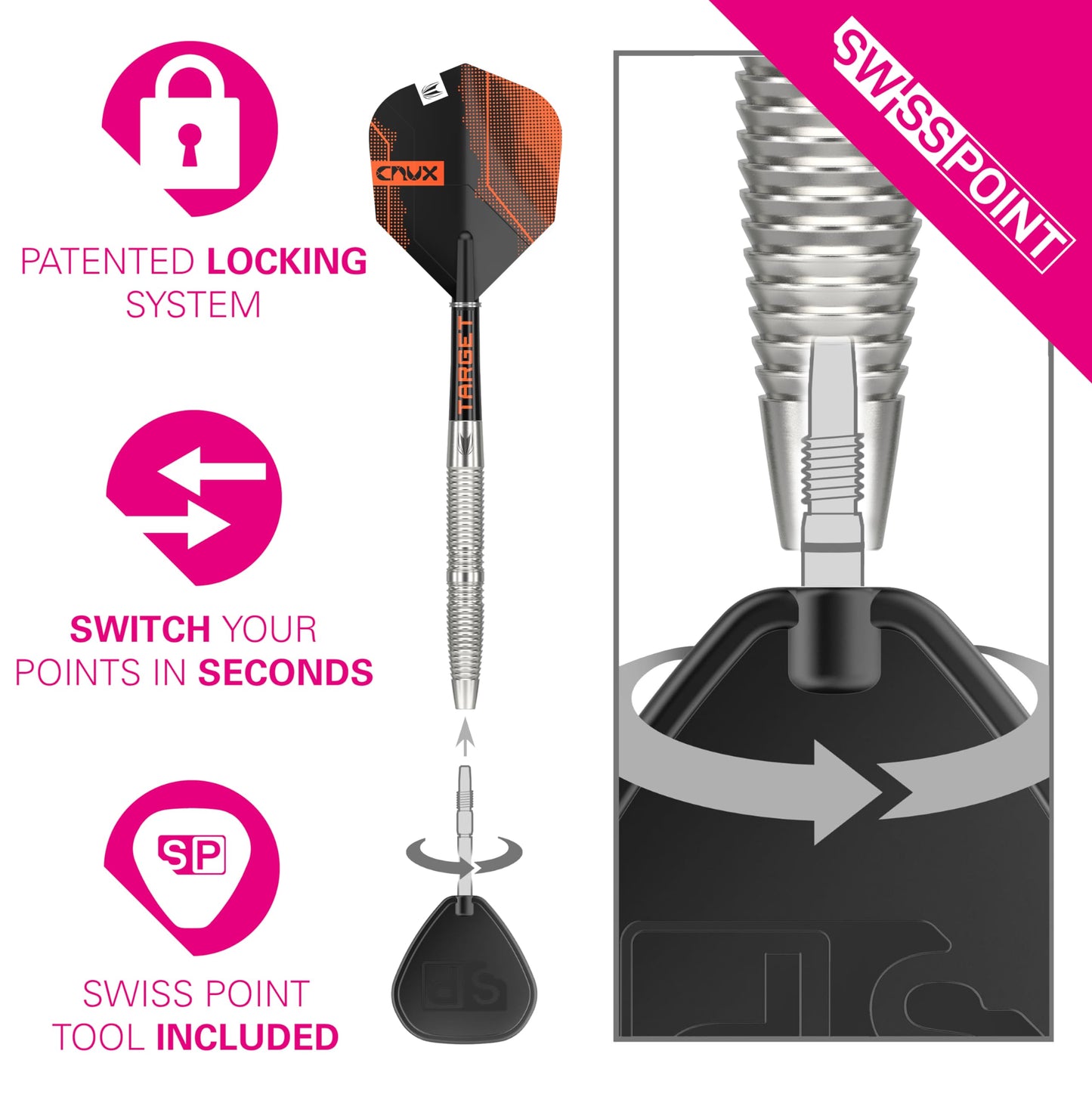 TARGET Darts Crux 90% Tungsten Swiss Point Steel Tip Darts Set