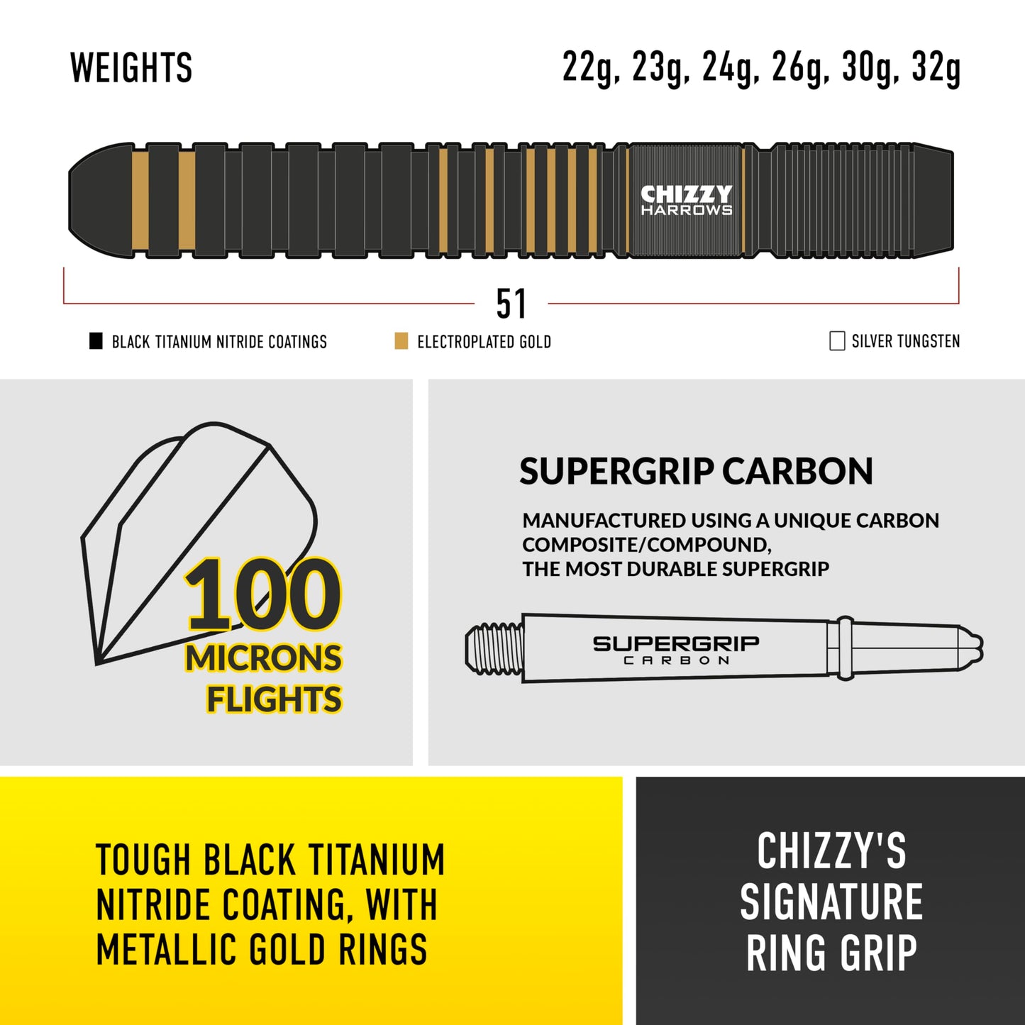 Harrows Dave Chisnall Chizzy Series 3 Player Darts Set I Professional Darts 90% Tungsten Steel ALL Weights Pro DartsI10pc Set with Supergrip Carbon Midi Shafts & Signature Flights