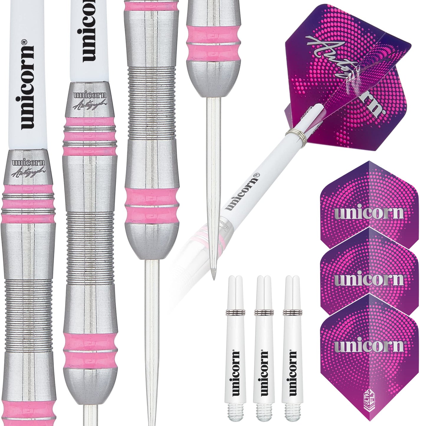 Unicorn Steel Tip Darts Set | Autograph Series Styles 1, 2 & 3 | 80% Natural Tungsten Barrels with Pink Accents | 19 g, 21 g, 22 g, 23 g, 24 g, 25 g, 26 g, 28 g or 30 g