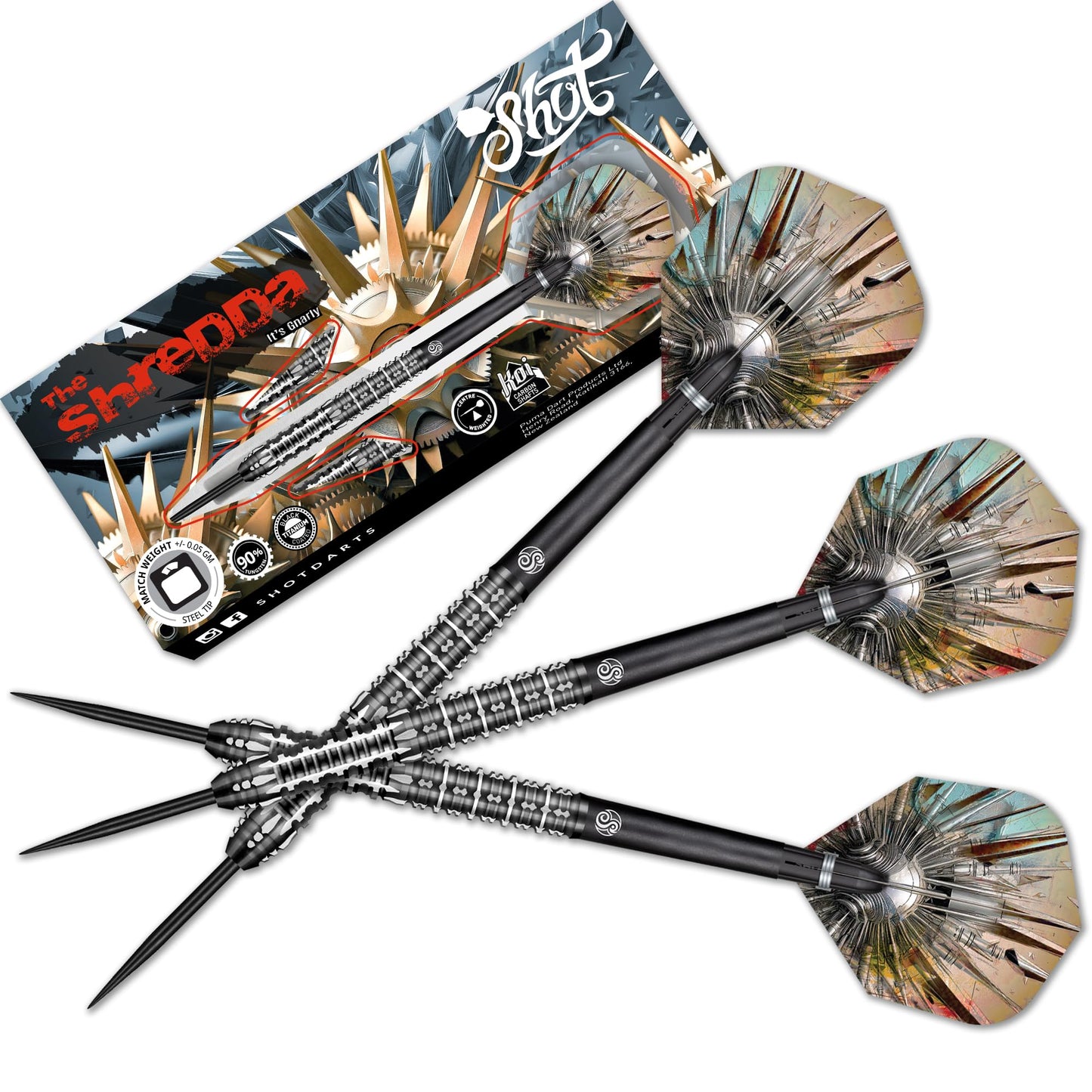 Shot! Gnarly Shredda Steel Tip Dart Set-90% Tungsten Dart Barrels, Centre Weighted, professional darts for bristle dartboard
