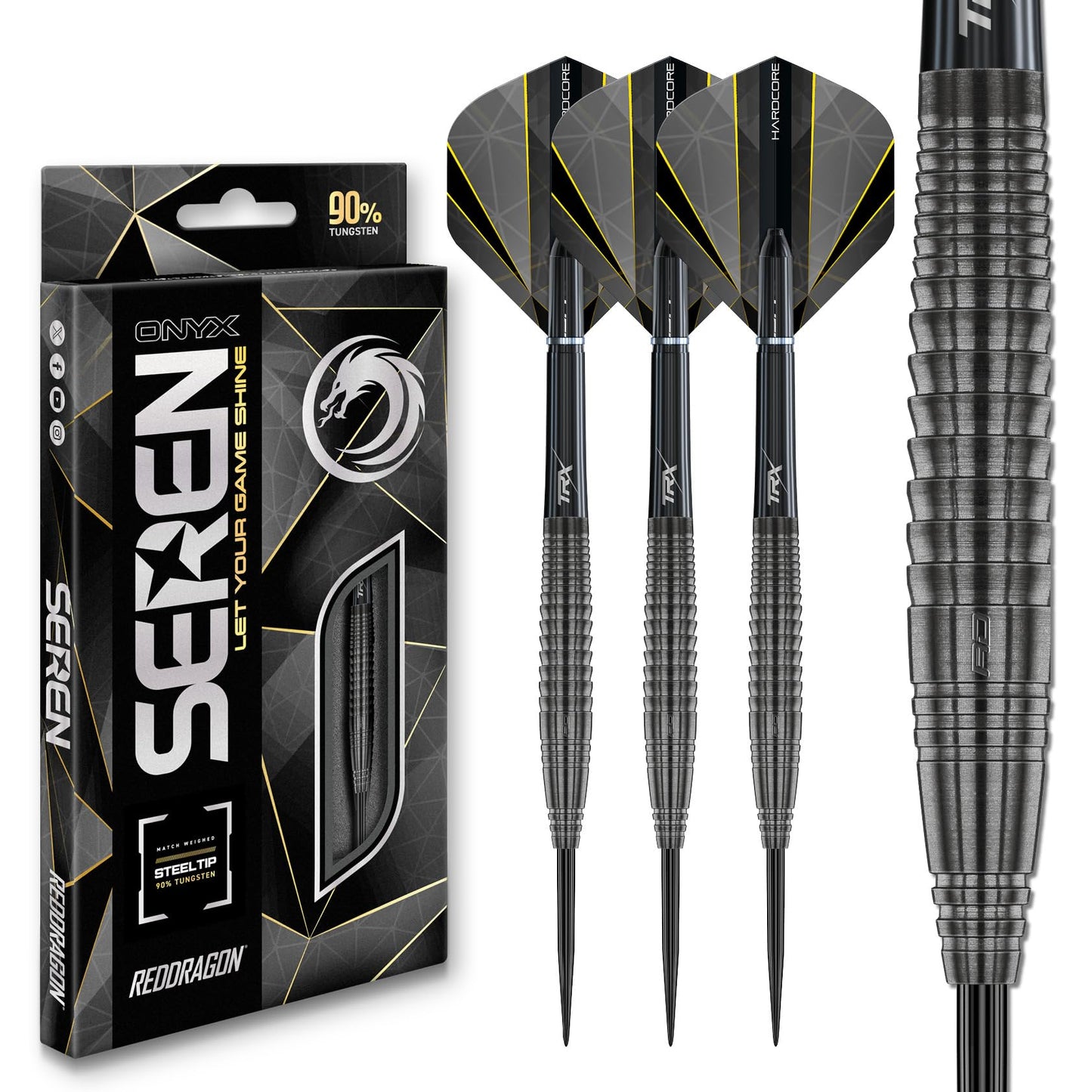 RED DRAGON Darts – Seren Onyx Series - 90% Tungsten Professional Steel tip Darts Set with Dart Flights and Dart Shafts (Stems) - Available in Four Styles - Available in 21g, 22g, 23g, 24g & 25g
