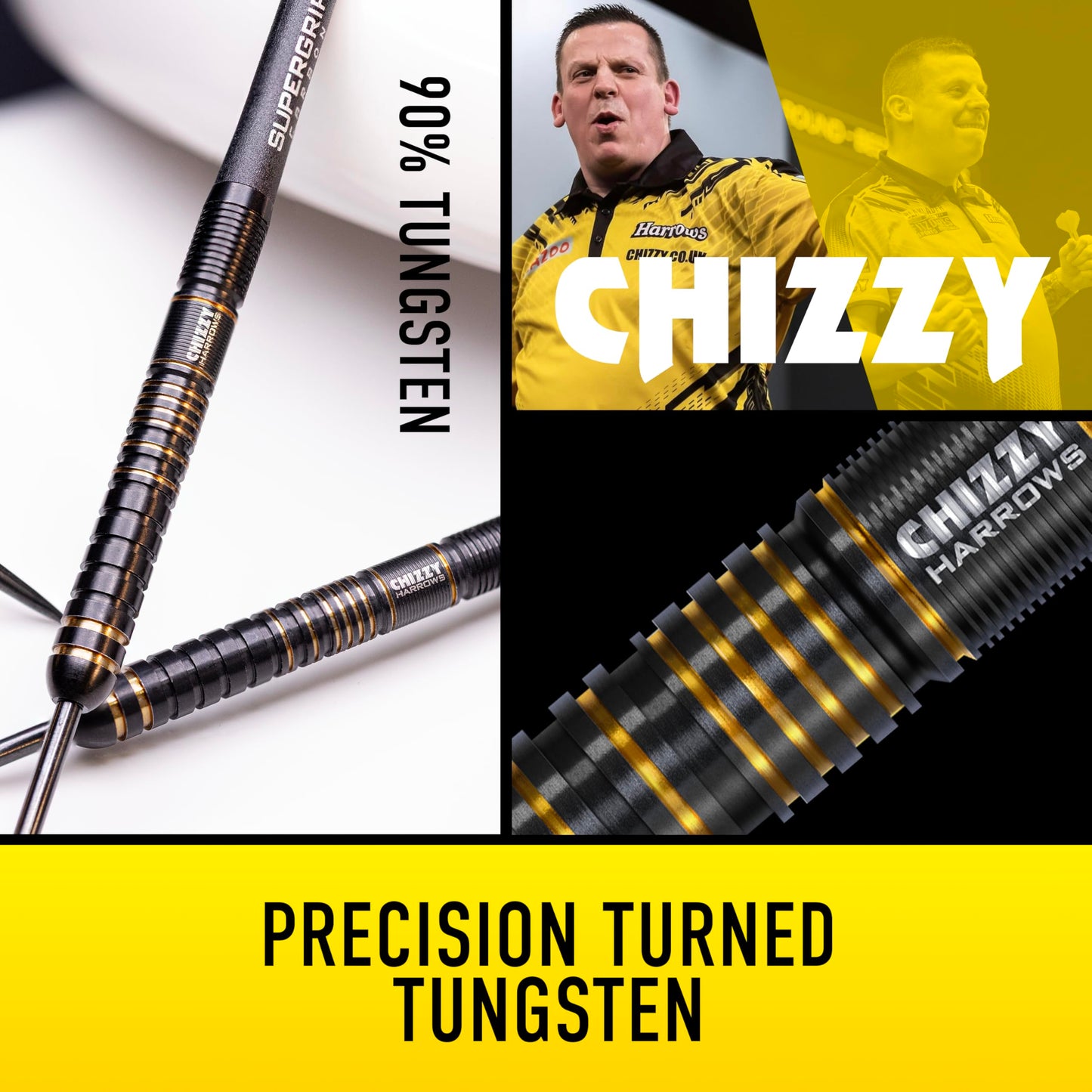 Harrows Dave Chisnall Chizzy Series 3 Player Darts Set I Professional Darts 90% Tungsten Steel ALL Weights Pro DartsI10pc Set with Supergrip Carbon Midi Shafts & Signature Flights