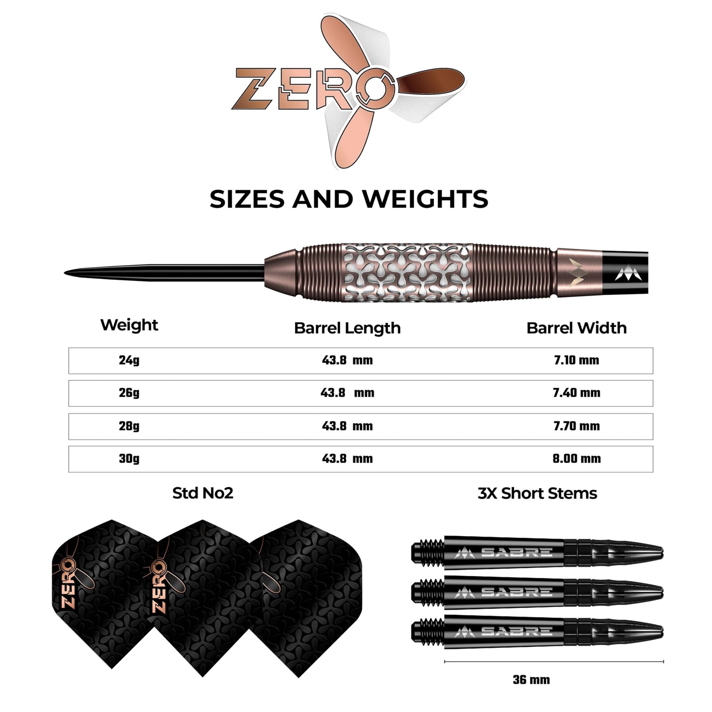 Mission Darts | Mission Zero Darts Set | Steel Tip | 98% Tungsten | Bronze PVD | Available in Multiple Weights.